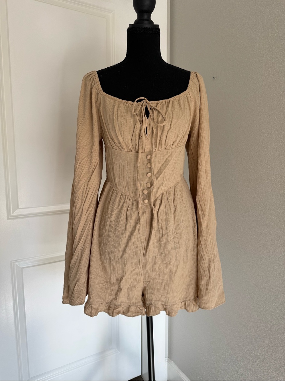 Beige Long-Sleeve Romper with Corset Buttons